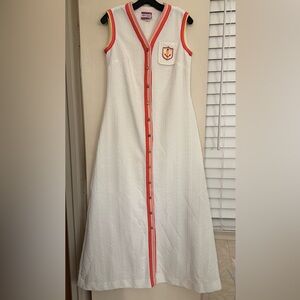 Vintage Eggshell White Sleeveless Dress with Red Trim